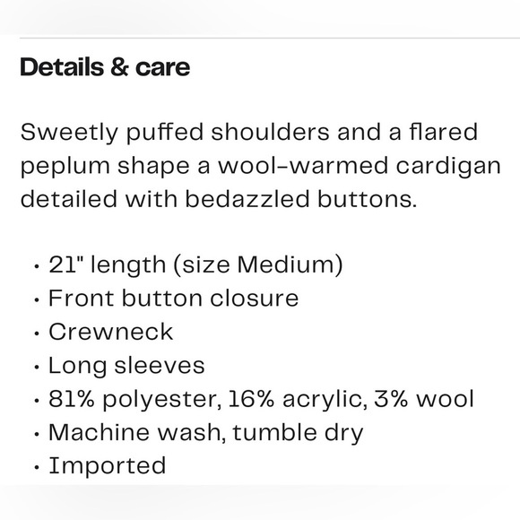 Sam Edelman Keegan Peplum Cardigan with Bedazzled button detail NWT XL Cream - Picture 7 of 15